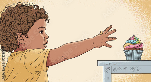 Child reaching for cupcake illustration for parenting article and childhood temptation concept