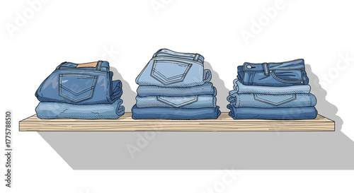 Wall shelf with folded jeans illustration for clothing store design and fashion retail concept