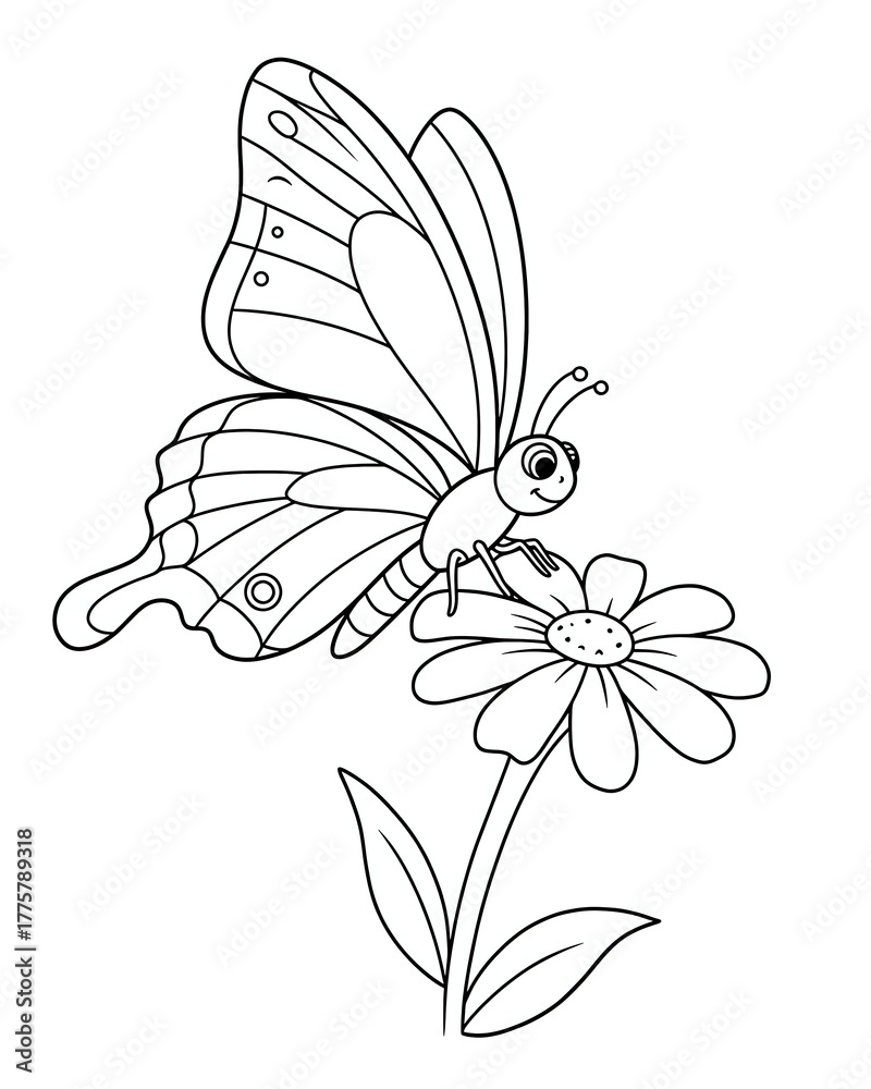Obraz premium A black and white drawing of a butterfly on a flower, coloring page for kids