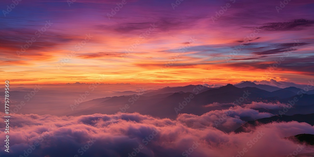 Fototapeta premium Epic view of clouds dramatically rolling over a colossal mountain range, creating a sea of clouds effect, vibrant sunset colors, high-altitude perspective, awe-inspirin