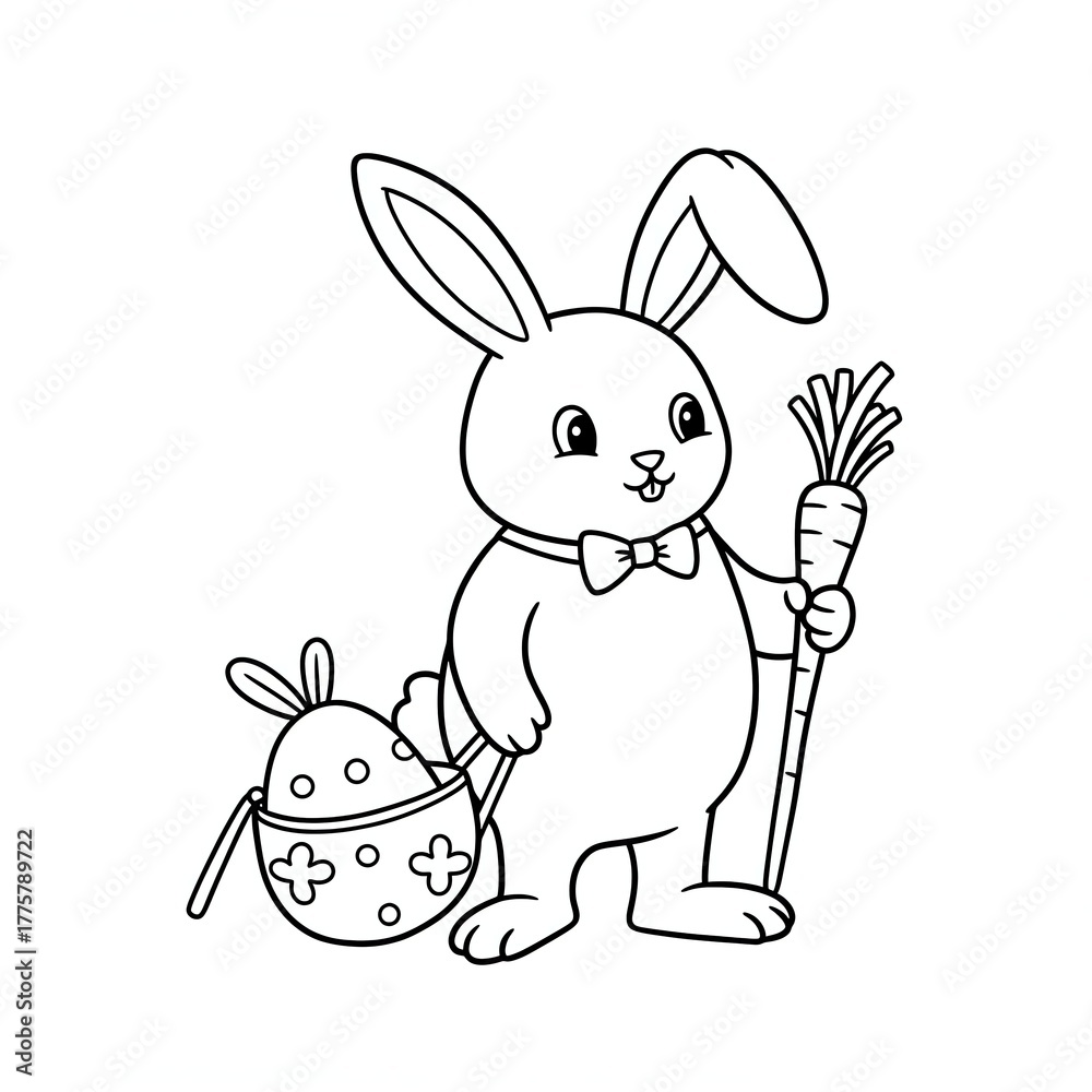 Fototapeta premium A cartoon rabbit holding a carrot and a basket with an egg