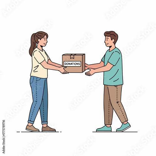 A kind woman gives a cardboard box labeled donations to a smiling man in a simple vector illustration.
