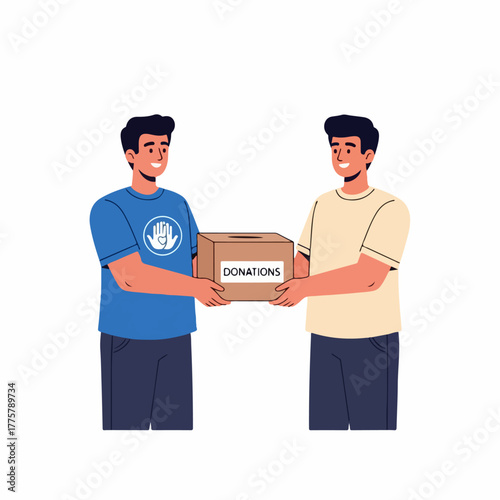 A young man receives a charity donation box from a smiling volunteer.