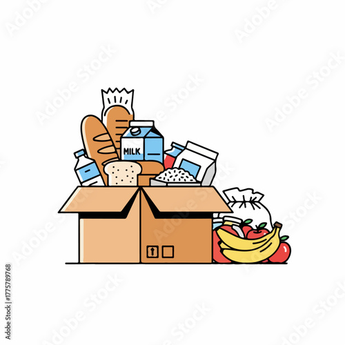 A cardboard box filled with essential groceries like milk, bread, fruit, and other staples for a food donation drive.