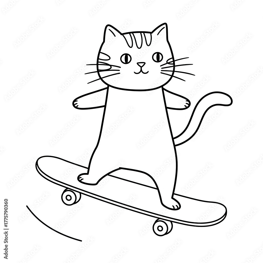 Obraz premium A black and white cartoon of a cat riding a skateboard