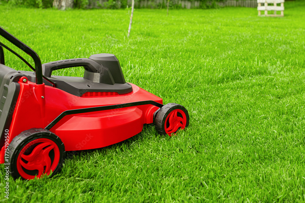 Fototapeta premium A lawnmower stands on the lawn in the garden.
