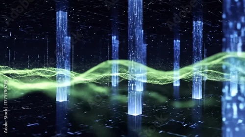 Futuristic digital landscape with glowing pillars and flowing waves