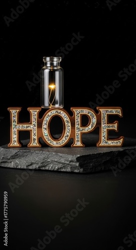 Hope Concept Photography: Walnut Typography with Mother-of-Pearl Inlay on Black Basalt and Glowing Seed Vial – Poetic Science in Luminous Still Life