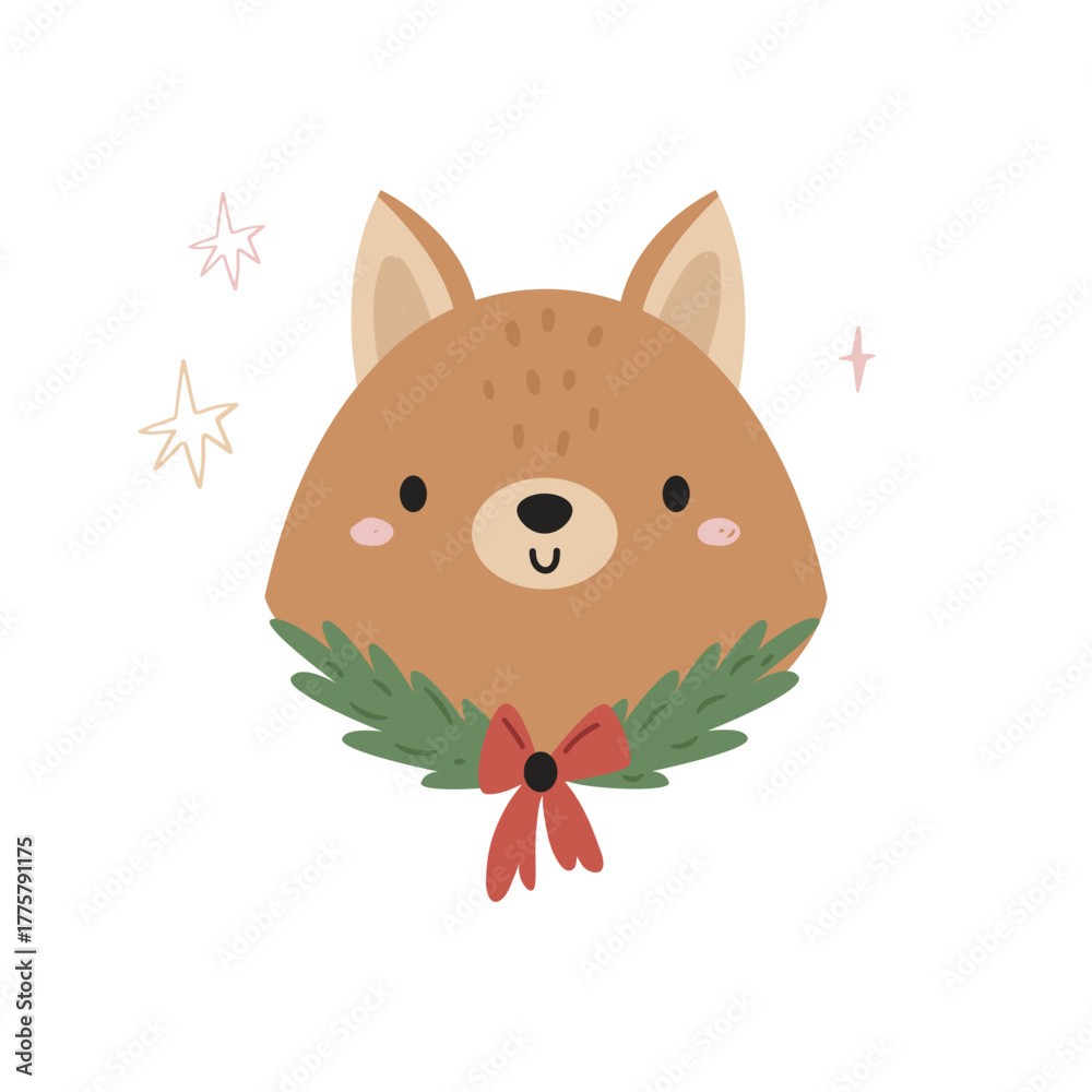 Fototapeta premium Adorable Christmas Fox Face Graphic. Simple Cartoon Holiday Animal Design with Garland and Stars for Greeting Card or Sticker