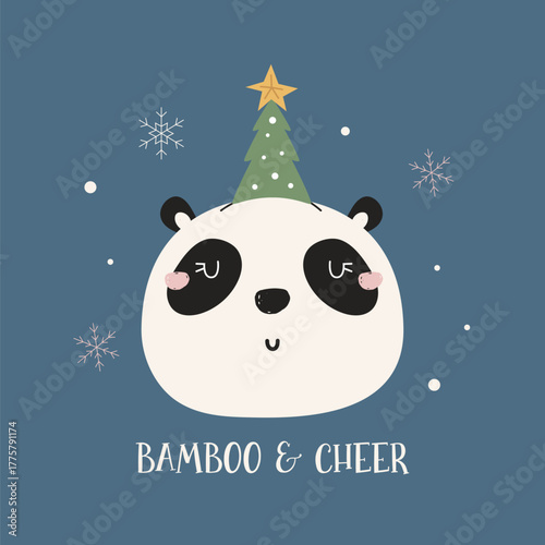 Adorable Festive Panda Face with Snowflakes. Simple Cartoon Christmas Design for Holiday Greeting Card or Sticker Print.