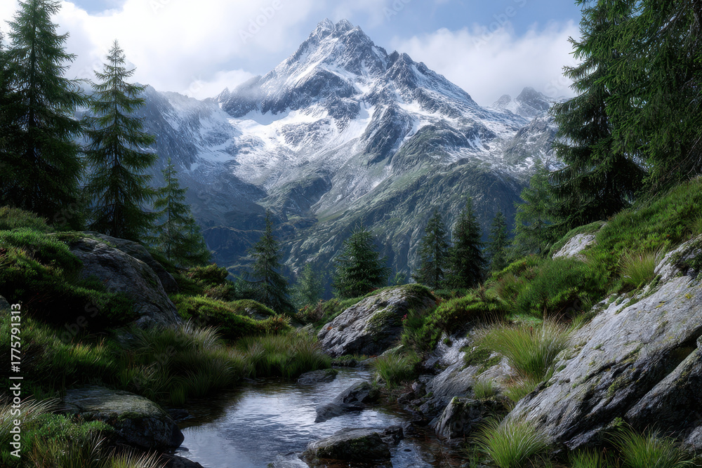 Obraz premium Majestic mountain landscape with serene stream and lush greenery in daylight