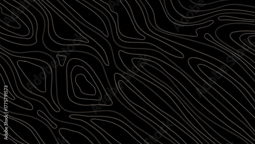 Abstract nature topographic contours with gray lines on black background illustration