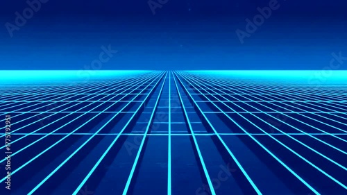 Futuristic digital landscape with grid lines extending towards horizon