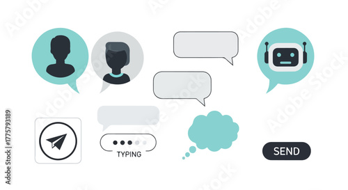 Digital Communication Icons Chat Bubbles User Profiles and AI Bot for Messaging Concepts