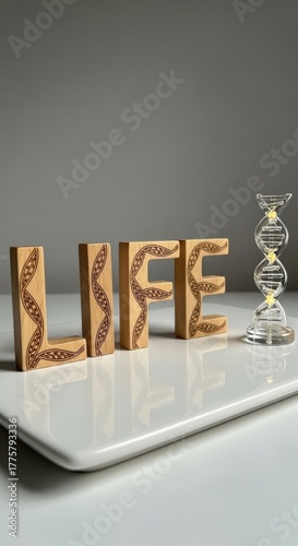 Life Concept Photography: Birch Typography with Engraved Helix on White Ceramic and Glowing Hand-Blown DNA Sculpture – Artistic Biology in Polarized Light