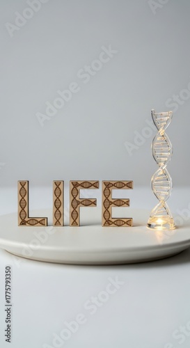 Life Concept Photography: Birch Typography with Engraved Helix on White Ceramic and Glowing Hand-Blown DNA Sculpture – Artistic Biology in Polarized Light