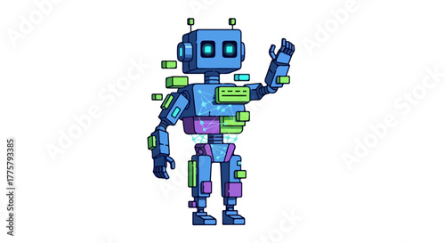 Retro Style Digital Robot Character Waving Hello