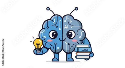 Cute Cartoon Humanoid Brain Character with Lightbulb and Data Books Representing AI and Knowledge