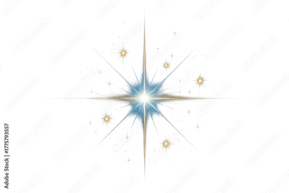 Fototapeta premium Light flare effect showing star shape, sparkle, and glow with shimmering gold specks on transparent background