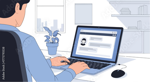 Business Professional Working Remotely on Laptop at Desk in Modern Office Illustration