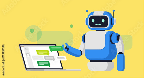 Friendly Blue Robot Interacting with Chatbot Messages on a Laptop Screen AI and Technology Concept