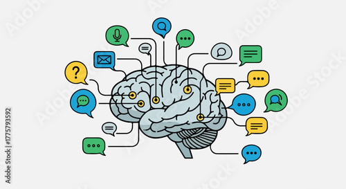 Artificial Intelligence Brain Concept with Chat Bubbles and Icons Representing Communication and Ideas