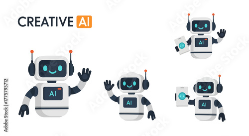 Cute AI Robot Characters Collection Waving Holding Smartphone and Presenting Concept Creative Artificial Intelligence Ideas