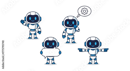 Friendly Cartoon Robots with Different Expressions and Actions AI Technology Automation Future Concepts