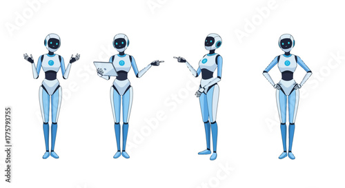 Future of AI Friendly Female Android Robots in Various Poses Showcasing Technology and Humanoid Assistance