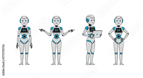 Set of Four Diverse Futuristic Humanoid Robots Posing and Holding Tablet