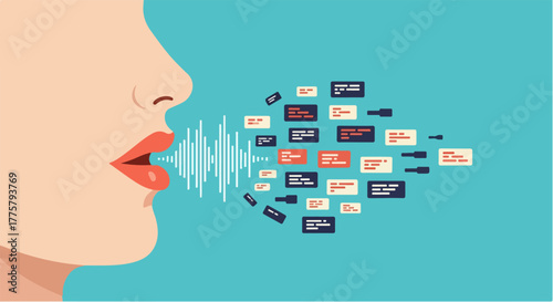 Voice Recognition Technology Woman Speaking into Microphone with Data Stream and Sound Wave Icons