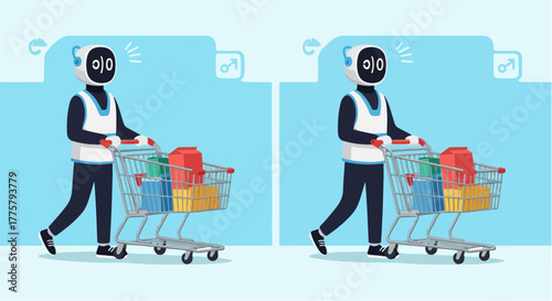 Cute Robot Pushing Laden Shopping Cart Future of Retail AI in Supermarket Automated Groceries Modern Technology Concept