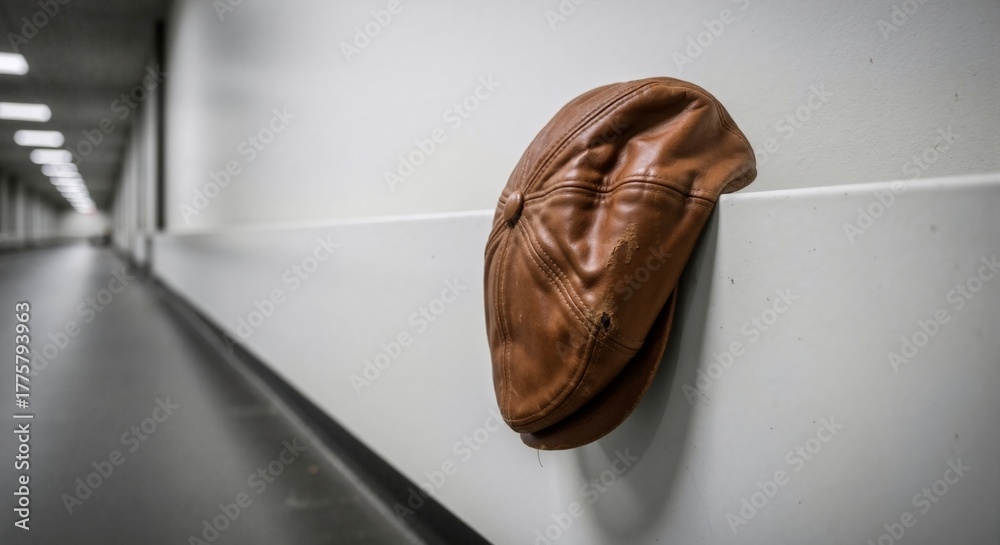 Fototapeta premium Lost brown leather cap left in an empty hallway. Forgotten vintage hat on a ledge with selective focus. Loneliness and memory concept with copy space