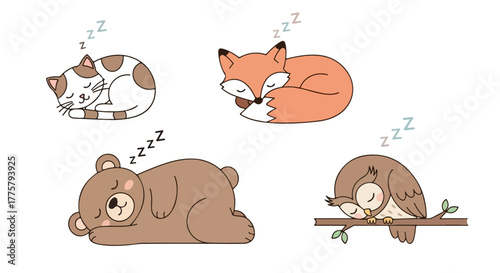 Cute Cartoon Animals Sleeping Peacefully Fox Bear Cat and Owl Illustration for Peaceful Sleep and Nature Themes