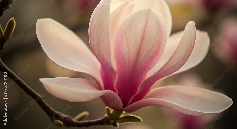 Fototapeta premium Close up of a blooming magnolia flower with soft pink petals and branches