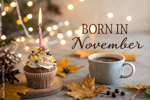 Cupcake with burning candle beside coffee mug during autumn celebration