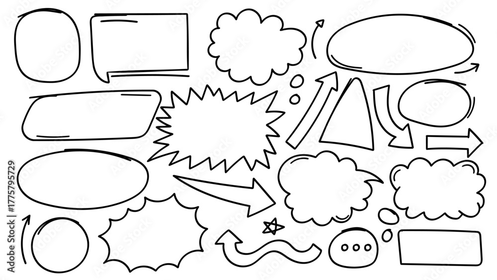 Obraz premium Doodle Speech Bubble Collection with Arrow Star and Hand Drawn Shapes Outline Set.Vector Illustration