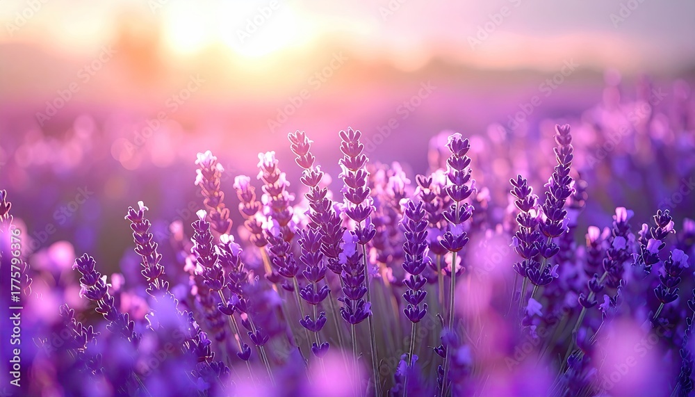 Naklejka premium Close up of Lavender Field during Golden Hour Sunset with Soft Focus Bokeh Background and Purple Hues