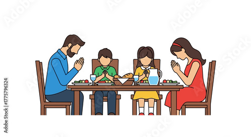 A Family Gathering for a Meal, Praying Together Before Eating at the Dining Table