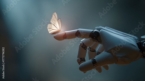 White butterfly resting on a robot finger. Concept of AI, technology, nature, harmony, and future interaction between machine and life.