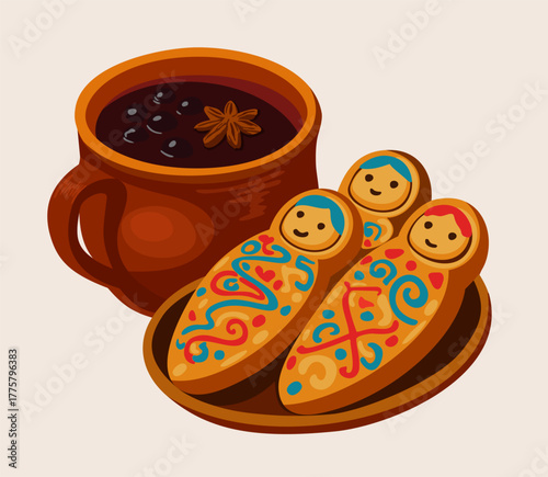 Colada morada, traditional Ecuadorian fruit drink, and guaguas de pan, sweet breads shaped like babies. Vector isolated illustration