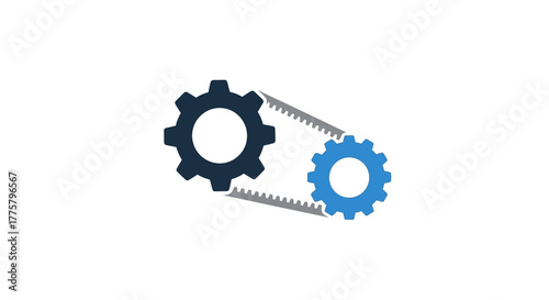 Blue gear and cogwheel system icon with a connecting belt, symbolizing synergy, automation, and mechanical process