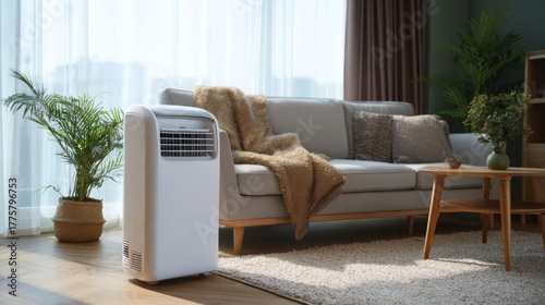 White portable air conditioner in a modern living room next to a window. Home appliance for cooling and air purification in a house interior.