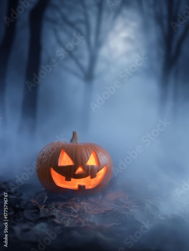Jack-o-lantern glowing on a bed of dry leaves in a spooky foggy forest at twilight for Halloween decoration.
