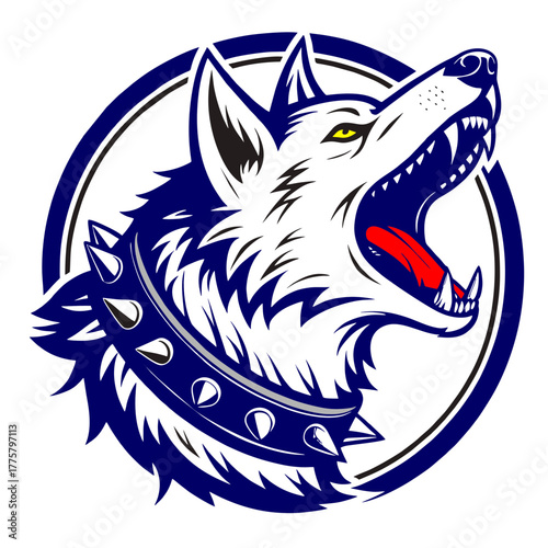 a wolf-like dog head growling fiercely, mouth open showing long fangs