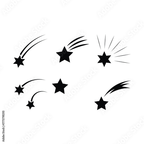 Black star symbols with shooting comet tails fly against the pure white background