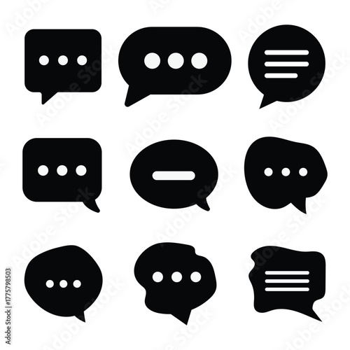 Nine distinct black speech bubble shapes exhibit varied communication icons on white background