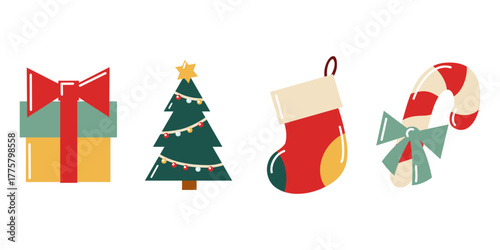 Flat Christmas set with gift box, tree, stocking and candy cane. Hand drawn vector isolated illustration.