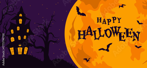 Halloween background banner haunted house and big dead tree with big full moon as background with copy space. Halloween illustration design.
