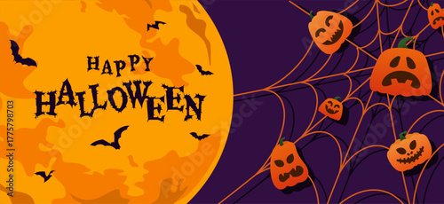 Halloween background banner pumpkins monster stack on spider web with big full moon as background with copy space. Halloween illustration design.